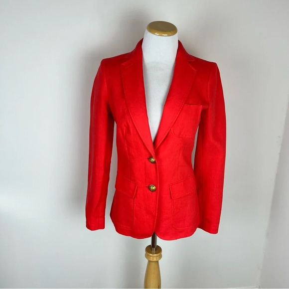 J. Crew Rhodes Linen Blazer Jacket Red Orange Gold Buttons Size 00 - Picture 2 of 6